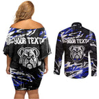 Personalized Canterbury-Bankstown Bulldogs Couples Matching Off Shoulder Short Dress and Long Sleeve Button Shirt Graffiti Grunge Abstract Urban Street Style Design