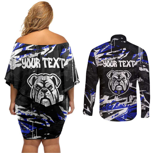 Personalized Canterbury-Bankstown Bulldogs Couples Matching Off Shoulder Short Dress and Long Sleeve Button Shirt Graffiti Grunge Abstract Urban Street Style Design