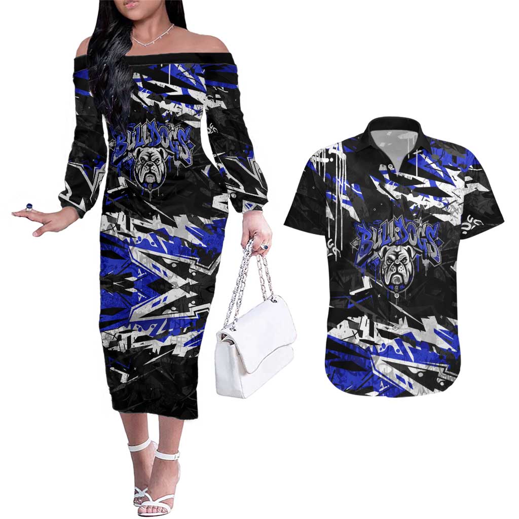 Personalized Canterbury-Bankstown Bulldogs Couples Matching Off The Shoulder Long Sleeve Dress and Hawaiian Shirt Graffiti Grunge Abstract Urban Street Style Design