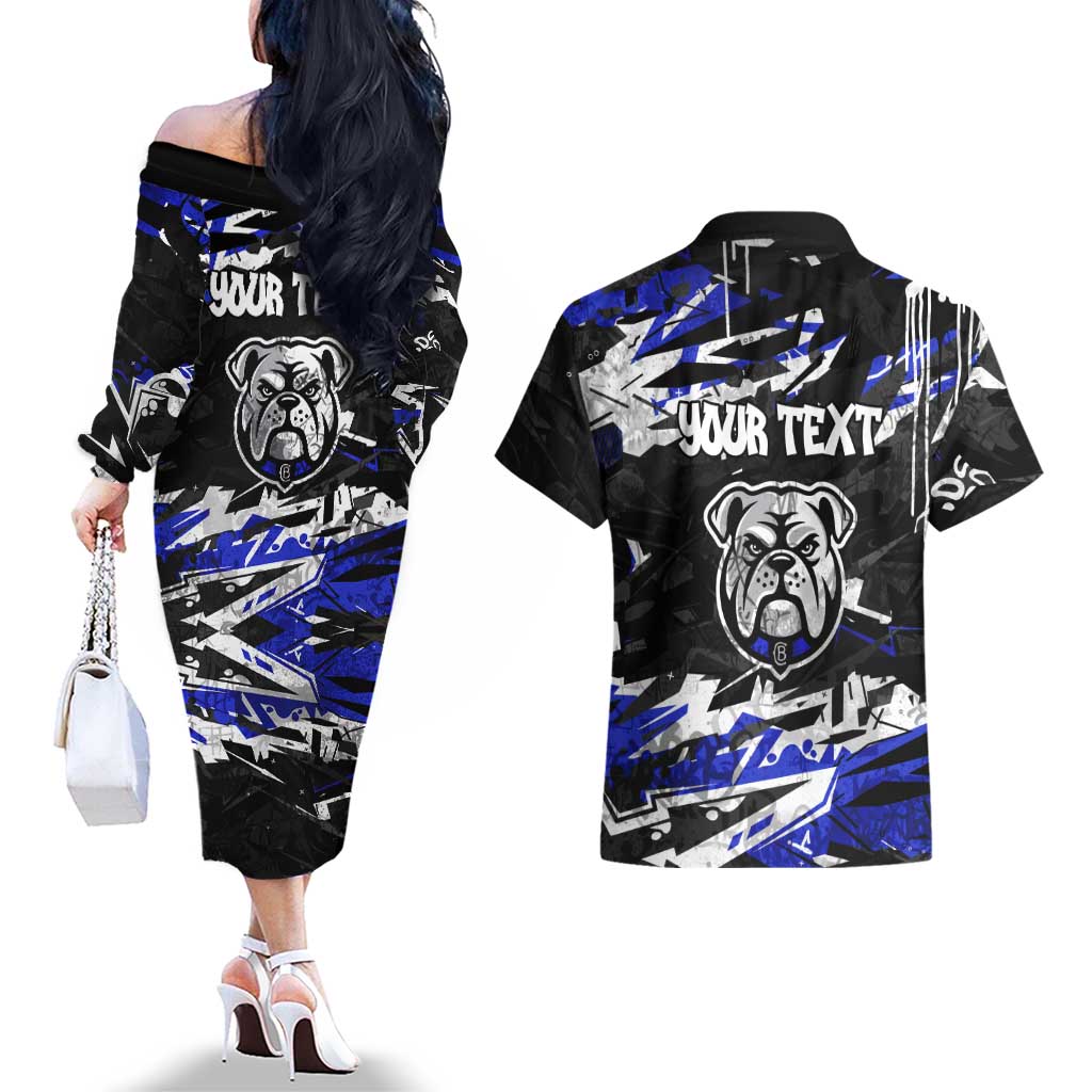 Personalized Canterbury-Bankstown Bulldogs Couples Matching Off The Shoulder Long Sleeve Dress and Hawaiian Shirt Graffiti Grunge Abstract Urban Street Style Design