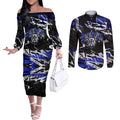 Personalized Canterbury-Bankstown Bulldogs Couples Matching Off The Shoulder Long Sleeve Dress and Long Sleeve Button Shirt Graffiti Grunge Abstract Urban Street Style Design