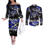 Personalized Canterbury-Bankstown Bulldogs Couples Matching Off The Shoulder Long Sleeve Dress and Long Sleeve Button Shirt Graffiti Grunge Abstract Urban Street Style Design