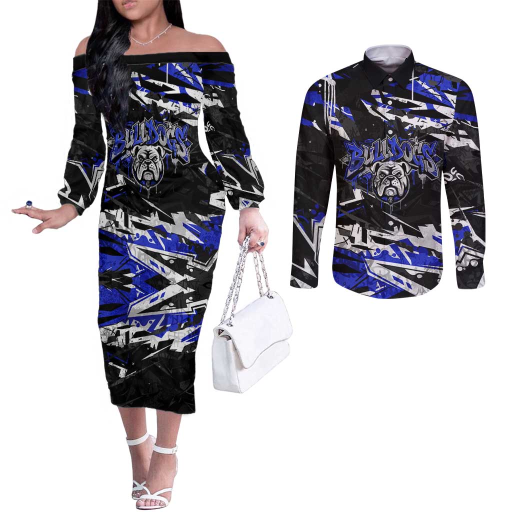 Personalized Canterbury-Bankstown Bulldogs Couples Matching Off The Shoulder Long Sleeve Dress and Long Sleeve Button Shirt Graffiti Grunge Abstract Urban Street Style Design