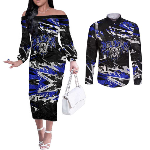 Personalized Canterbury-Bankstown Bulldogs Couples Matching Off The Shoulder Long Sleeve Dress and Long Sleeve Button Shirt Graffiti Grunge Abstract Urban Street Style Design