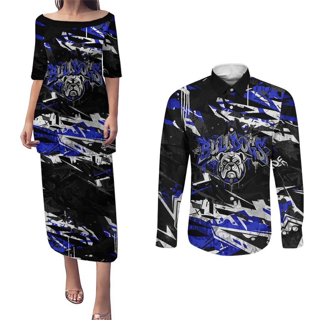 Personalized Canterbury-Bankstown Bulldogs Couples Matching Puletasi and Long Sleeve Button Shirt Graffiti Grunge Abstract Urban Street Style Design