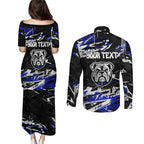 Personalized Canterbury-Bankstown Bulldogs Couples Matching Puletasi and Long Sleeve Button Shirt Graffiti Grunge Abstract Urban Street Style Design