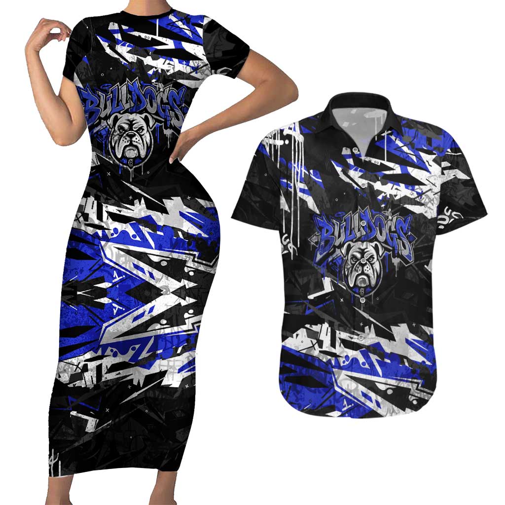 Personalized Canterbury-Bankstown Bulldogs Couples Matching Short Sleeve Bodycon Dress and Hawaiian Shirt Graffiti Grunge Abstract Urban Street Style Design