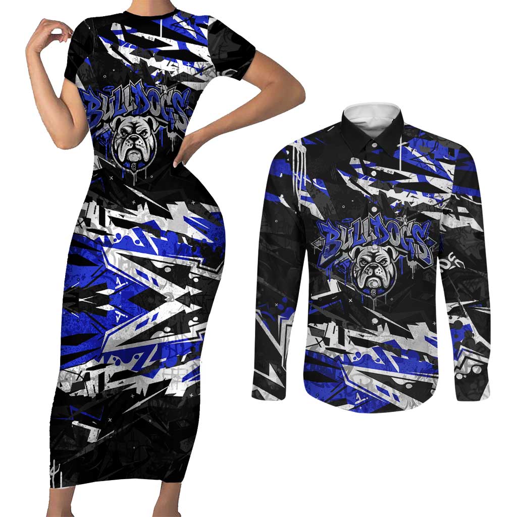 Personalized Canterbury-Bankstown Bulldogs Couples Matching Short Sleeve Bodycon Dress and Long Sleeve Button Shirt Graffiti Grunge Abstract Urban Street Style Design