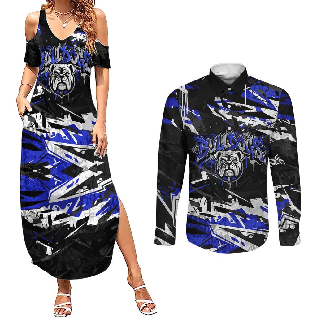 Personalized Canterbury-Bankstown Bulldogs Couples Matching Summer Maxi Dress and Long Sleeve Button Shirt Graffiti Grunge Abstract Urban Street Style Design