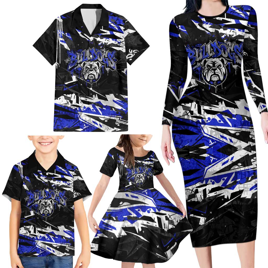 Personalized Canterbury-Bankstown Bulldogs Family Matching Long Sleeve Bodycon Dress and Hawaiian Shirt Graffiti Grunge Abstract Urban Street Style Design