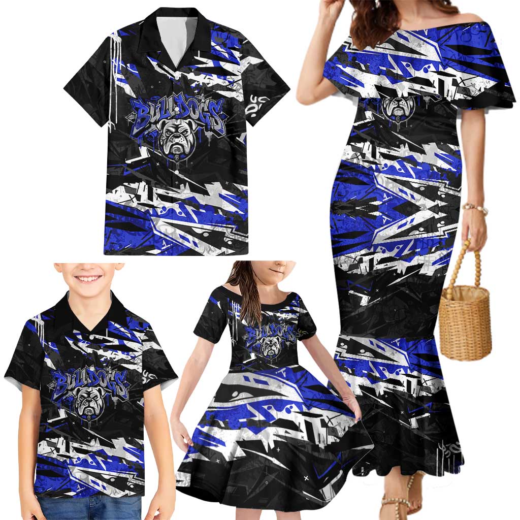 Personalized Canterbury-Bankstown Bulldogs Family Matching Mermaid Dress and Hawaiian Shirt Graffiti Grunge Abstract Urban Street Style Design