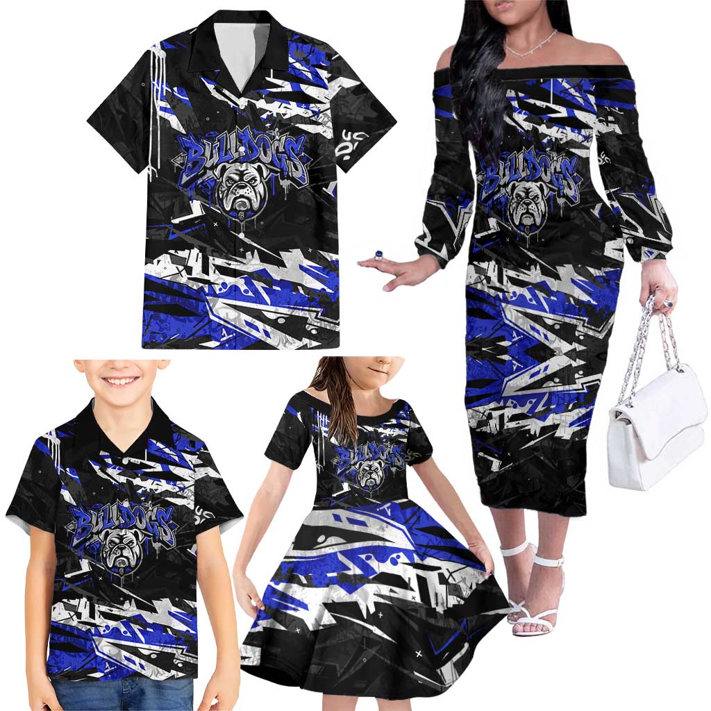 Personalized Canterbury-Bankstown Bulldogs Family Matching Off The Shoulder Long Sleeve Dress and Hawaiian Shirt Graffiti Grunge Abstract Urban Street Style Design