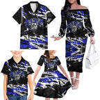 Personalized Canterbury-Bankstown Bulldogs Family Matching Off The Shoulder Long Sleeve Dress and Hawaiian Shirt Graffiti Grunge Abstract Urban Street Style Design