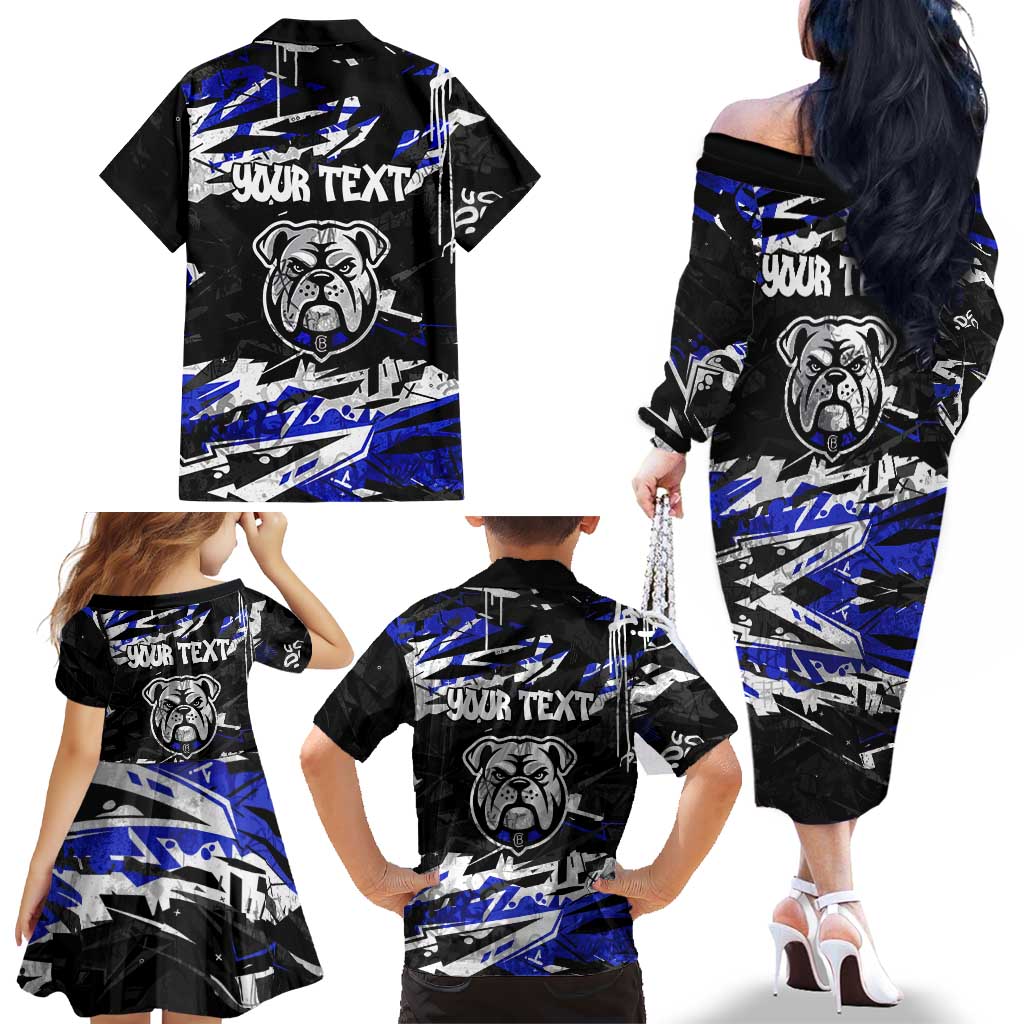 Personalized Canterbury-Bankstown Bulldogs Family Matching Off The Shoulder Long Sleeve Dress and Hawaiian Shirt Graffiti Grunge Abstract Urban Street Style Design