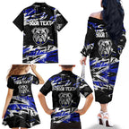 Personalized Canterbury-Bankstown Bulldogs Family Matching Off The Shoulder Long Sleeve Dress and Hawaiian Shirt Graffiti Grunge Abstract Urban Street Style Design
