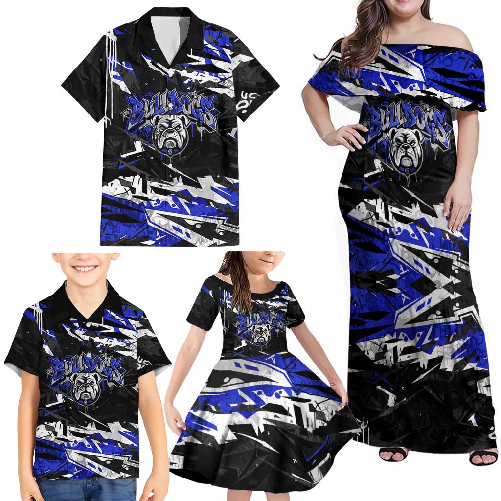 Personalized Canterbury-Bankstown Bulldogs Family Matching Off Shoulder Maxi Dress and Hawaiian Shirt Graffiti Grunge Abstract Urban Street Style Design