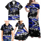 Personalized Canterbury-Bankstown Bulldogs Family Matching Off Shoulder Maxi Dress and Hawaiian Shirt Graffiti Grunge Abstract Urban Street Style Design