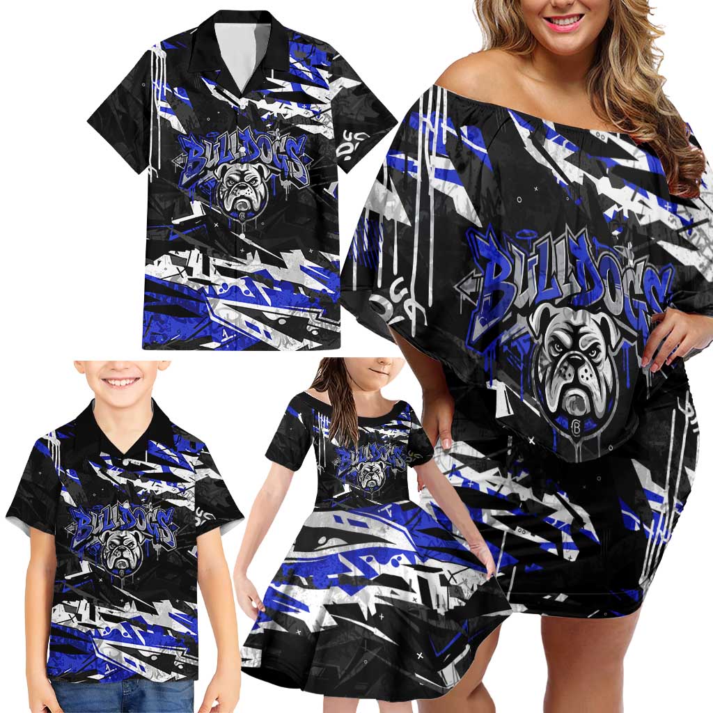 Personalized Canterbury-Bankstown Bulldogs Family Matching Off Shoulder Short Dress and Hawaiian Shirt Graffiti Grunge Abstract Urban Street Style Design
