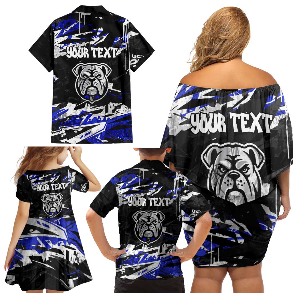 Personalized Canterbury-Bankstown Bulldogs Family Matching Off Shoulder Short Dress and Hawaiian Shirt Graffiti Grunge Abstract Urban Street Style Design