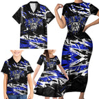 Personalized Canterbury-Bankstown Bulldogs Family Matching Short Sleeve Bodycon Dress and Hawaiian Shirt Graffiti Grunge Abstract Urban Street Style Design