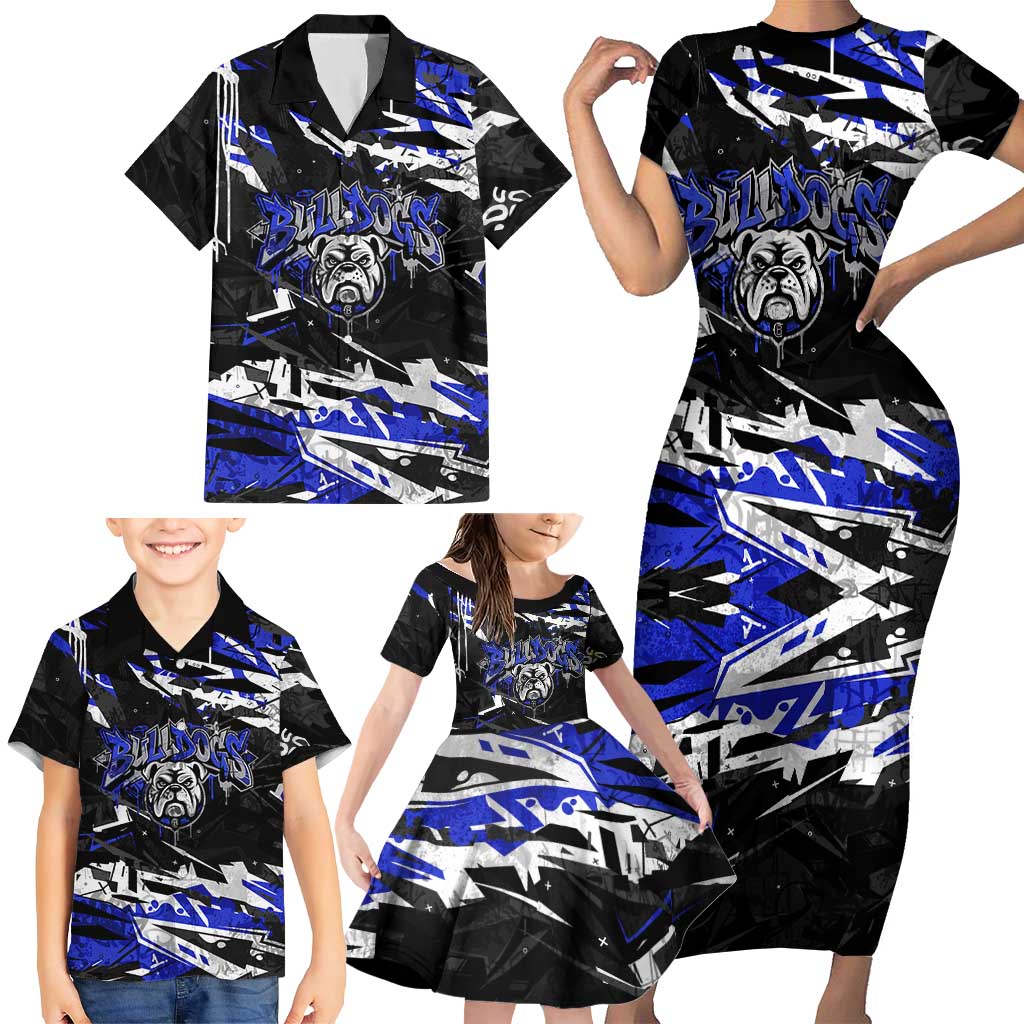 Personalized Canterbury-Bankstown Bulldogs Family Matching Short Sleeve Bodycon Dress and Hawaiian Shirt Graffiti Grunge Abstract Urban Street Style Design