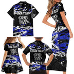 Personalized Canterbury-Bankstown Bulldogs Family Matching Short Sleeve Bodycon Dress and Hawaiian Shirt Graffiti Grunge Abstract Urban Street Style Design