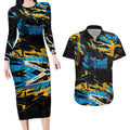Personalized Gold Coast Titans Couples Matching Long Sleeve Bodycon Dress and Hawaiian Shirt Graffiti Grunge Abstract Urban Street Style Design