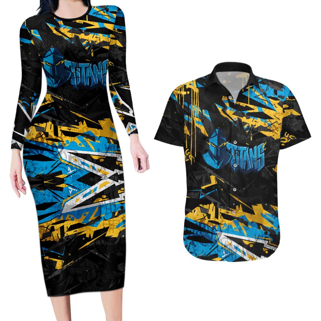 Personalized Gold Coast Titans Couples Matching Long Sleeve Bodycon Dress and Hawaiian Shirt Graffiti Grunge Abstract Urban Street Style Design