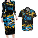 Personalized Gold Coast Titans Couples Matching Long Sleeve Bodycon Dress and Hawaiian Shirt Graffiti Grunge Abstract Urban Street Style Design
