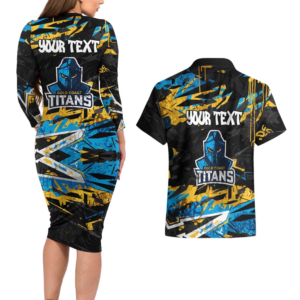 Personalized Gold Coast Titans Couples Matching Long Sleeve Bodycon Dress and Hawaiian Shirt Graffiti Grunge Abstract Urban Street Style Design