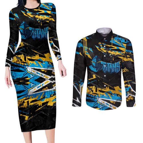 Personalized Gold Coast Titans Couples Matching Long Sleeve Bodycon Dress and Long Sleeve Button Shirt Graffiti Grunge Abstract Urban Street Style Design