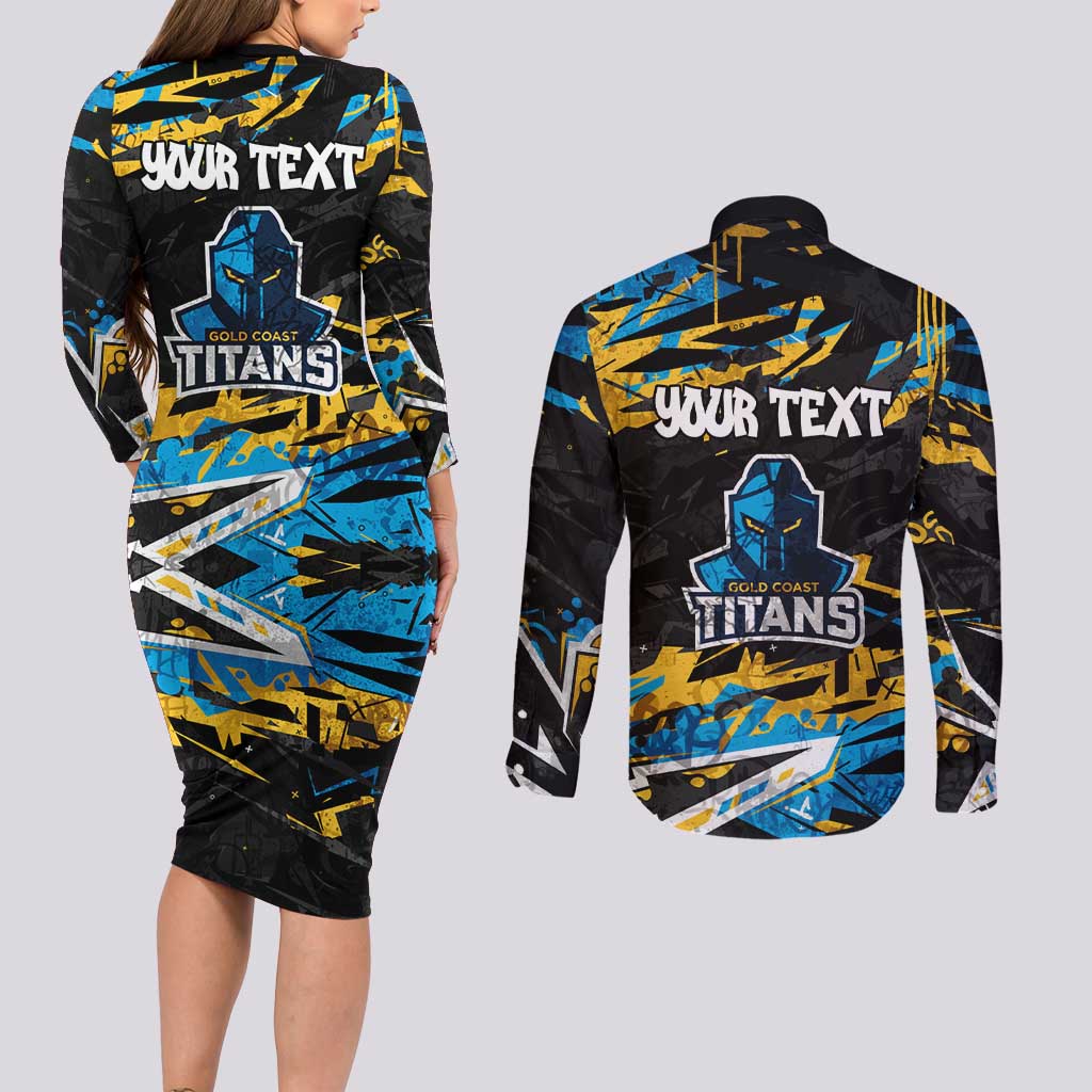 Personalized Gold Coast Titans Couples Matching Long Sleeve Bodycon Dress and Long Sleeve Button Shirt Graffiti Grunge Abstract Urban Street Style Design