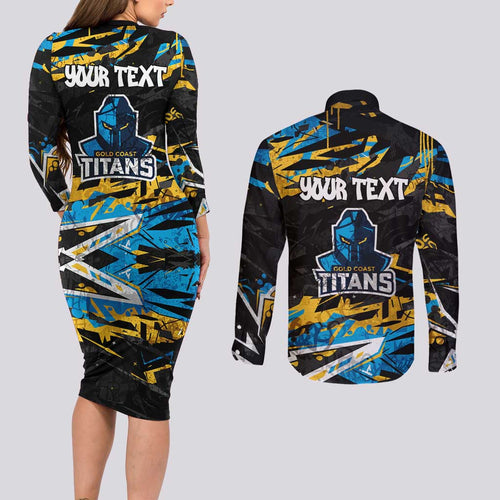 Personalized Gold Coast Titans Couples Matching Long Sleeve Bodycon Dress and Long Sleeve Button Shirt Graffiti Grunge Abstract Urban Street Style Design