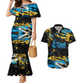 Personalized Gold Coast Titans Couples Matching Mermaid Dress and Hawaiian Shirt Graffiti Grunge Abstract Urban Street Style Design
