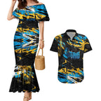 Personalized Gold Coast Titans Couples Matching Mermaid Dress and Hawaiian Shirt Graffiti Grunge Abstract Urban Street Style Design