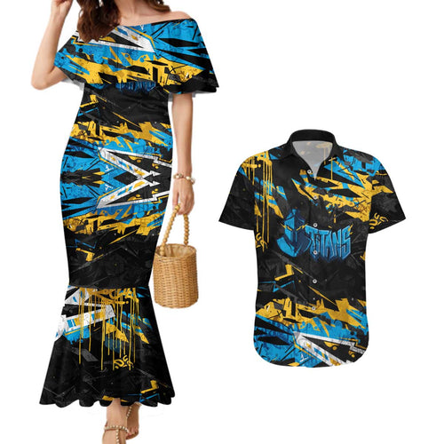 Personalized Gold Coast Titans Couples Matching Mermaid Dress and Hawaiian Shirt Graffiti Grunge Abstract Urban Street Style Design