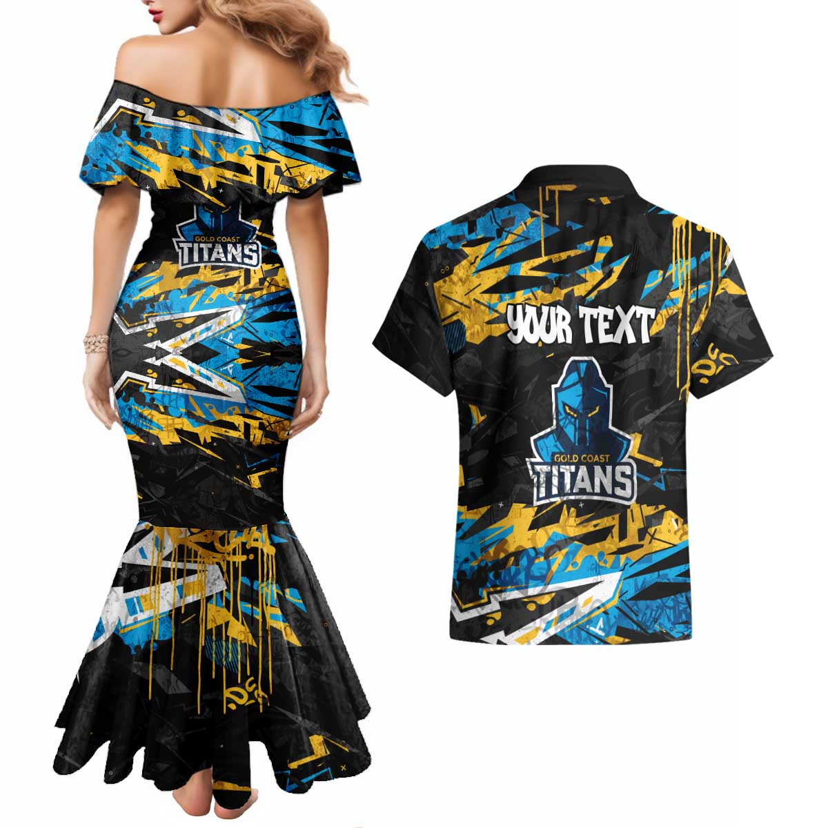 Personalized Gold Coast Titans Couples Matching Mermaid Dress and Hawaiian Shirt Graffiti Grunge Abstract Urban Street Style Design