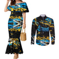 Personalized Gold Coast Titans Couples Matching Mermaid Dress and Long Sleeve Button Shirt Graffiti Grunge Abstract Urban Street Style Design