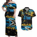 Personalized Gold Coast Titans Couples Matching Off Shoulder Maxi Dress and Hawaiian Shirt Graffiti Grunge Abstract Urban Street Style Design