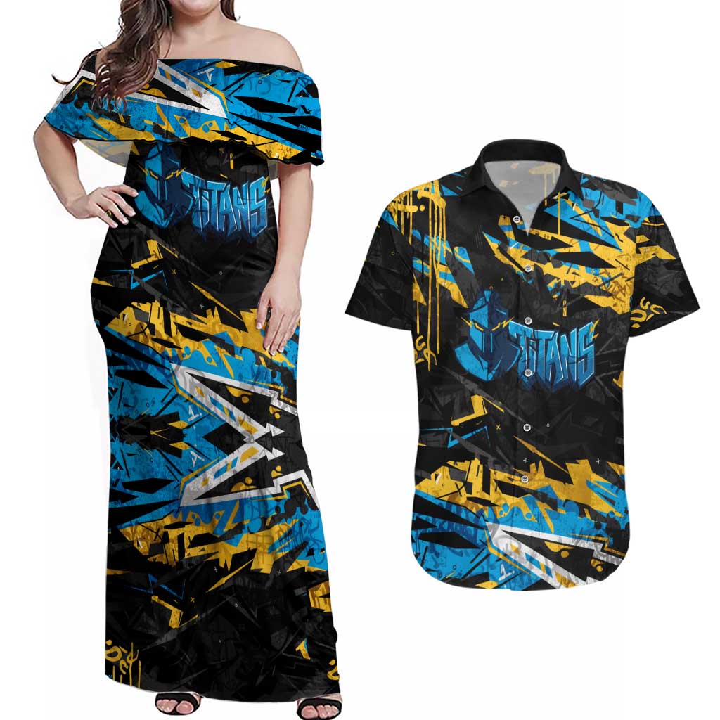 Personalized Gold Coast Titans Couples Matching Off Shoulder Maxi Dress and Hawaiian Shirt Graffiti Grunge Abstract Urban Street Style Design