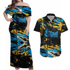 Personalized Gold Coast Titans Couples Matching Off Shoulder Maxi Dress and Hawaiian Shirt Graffiti Grunge Abstract Urban Street Style Design