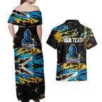 Personalized Gold Coast Titans Couples Matching Off Shoulder Maxi Dress and Hawaiian Shirt Graffiti Grunge Abstract Urban Street Style Design