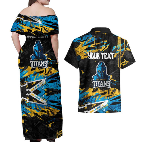 Personalized Gold Coast Titans Couples Matching Off Shoulder Maxi Dress and Hawaiian Shirt Graffiti Grunge Abstract Urban Street Style Design