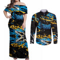 Personalized Gold Coast Titans Couples Matching Off Shoulder Maxi Dress and Long Sleeve Button Shirt Graffiti Grunge Abstract Urban Street Style Design