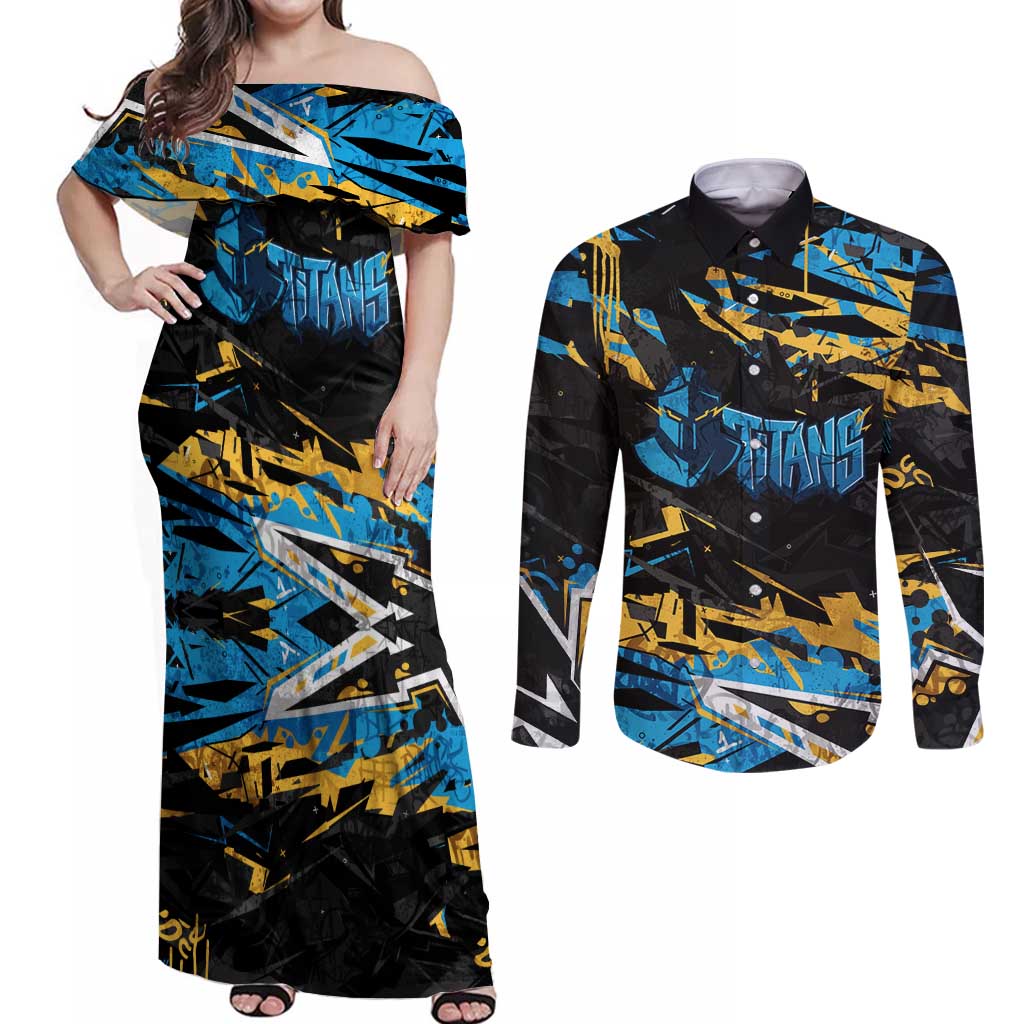Personalized Gold Coast Titans Couples Matching Off Shoulder Maxi Dress and Long Sleeve Button Shirt Graffiti Grunge Abstract Urban Street Style Design