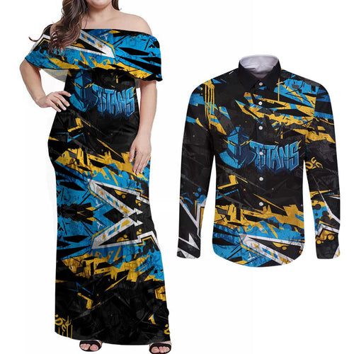 Personalized Gold Coast Titans Couples Matching Off Shoulder Maxi Dress and Long Sleeve Button Shirt Graffiti Grunge Abstract Urban Street Style Design