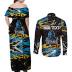 Personalized Gold Coast Titans Couples Matching Off Shoulder Maxi Dress and Long Sleeve Button Shirt Graffiti Grunge Abstract Urban Street Style Design