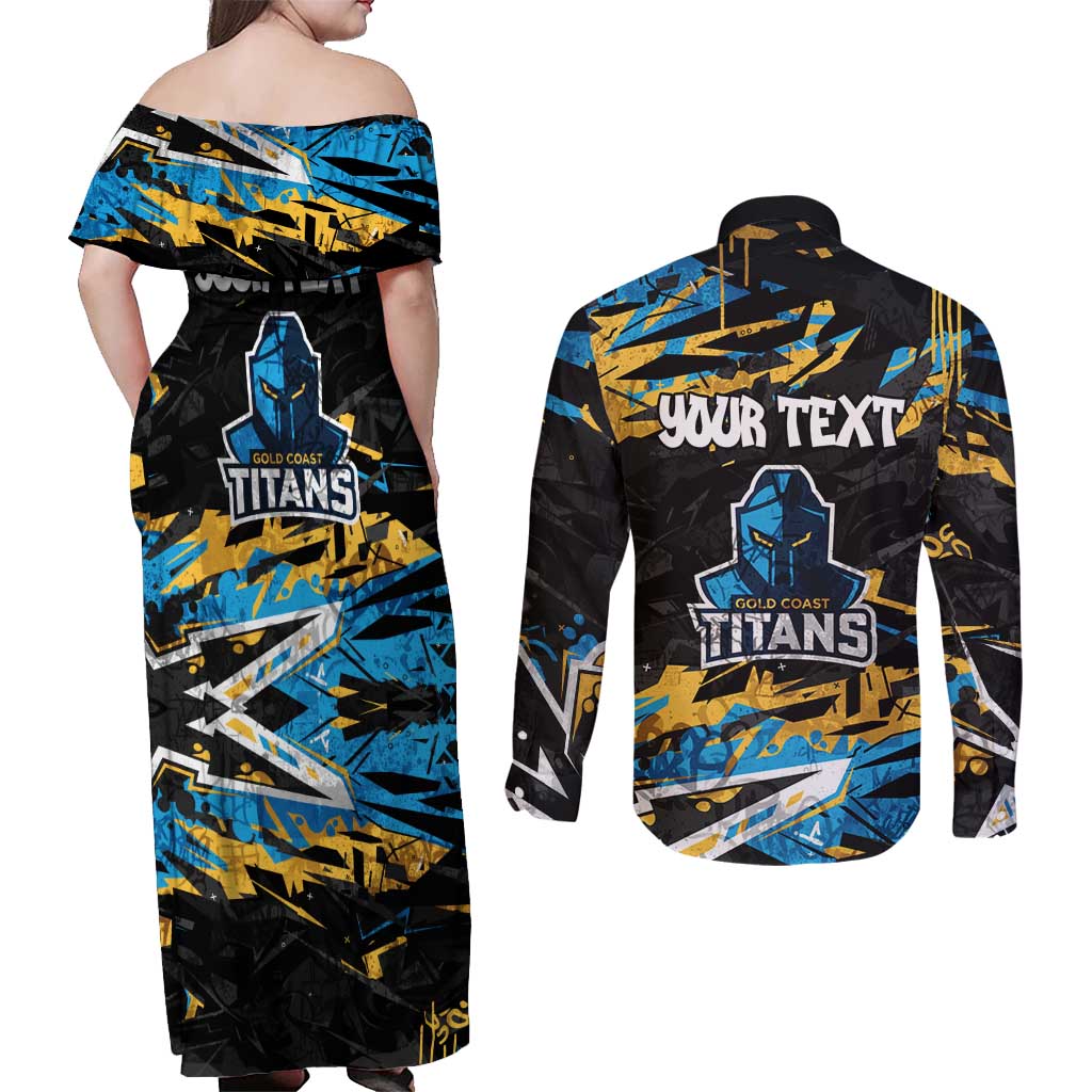 Personalized Gold Coast Titans Couples Matching Off Shoulder Maxi Dress and Long Sleeve Button Shirt Graffiti Grunge Abstract Urban Street Style Design