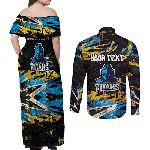 Personalized Gold Coast Titans Couples Matching Off Shoulder Maxi Dress and Long Sleeve Button Shirt Graffiti Grunge Abstract Urban Street Style Design
