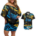 Personalized Gold Coast Titans Couples Matching Off Shoulder Short Dress and Hawaiian Shirt Graffiti Grunge Abstract Urban Street Style Design